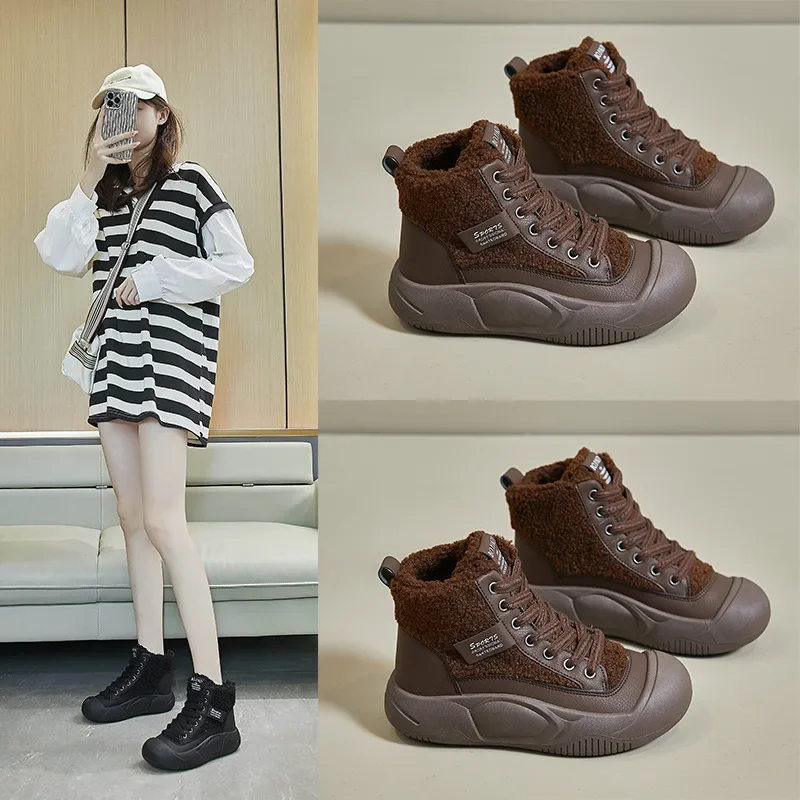 Thickened Fleece-lined Women\'s  Winter New Snow Boots Non-slip Warm Footwear High-top Cotton Shoes Casual Sports Board Shoes