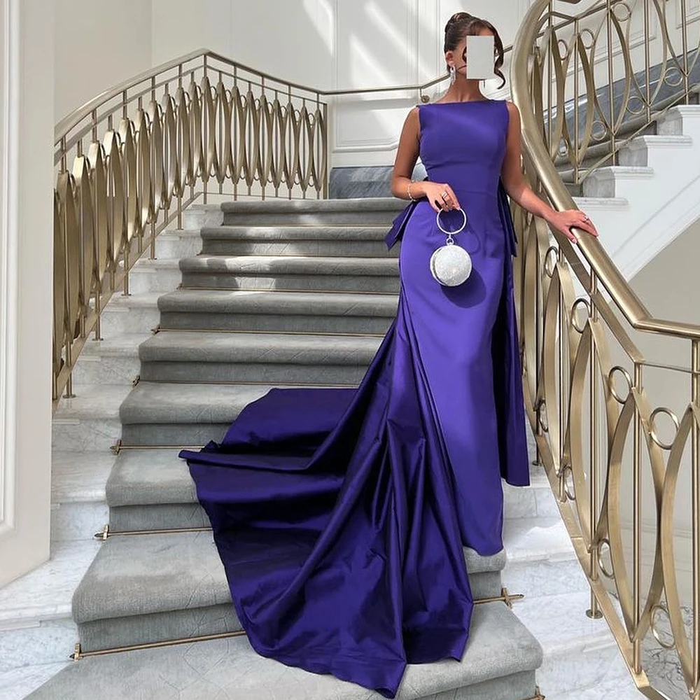 Purple Floor Length Sleeveless Straight Boat Neck Jersey Strapless Pleats Panel Train Dresses For Formal Occasions Elegant 2024