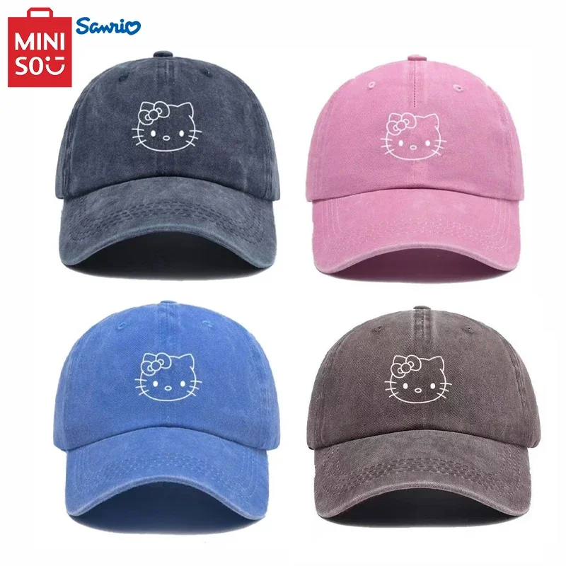 MINISO Senrio Hello Kitty เบสบอลหมวกการ์ตูนน่ารักเย็บปักถักร้อยผู้หญิงหมวกป้องกันแสงแดดกลางแจ้งผ้าฝ้ายผู้ชาย Cool Peaked หมวก