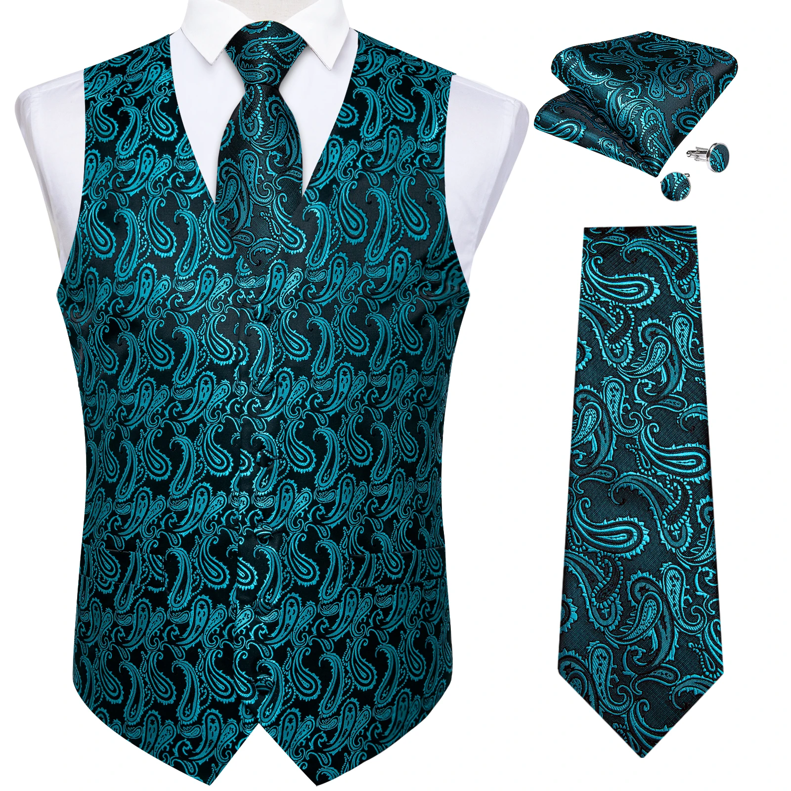 Teal Blue Paisley Suit Vest for Men Luxury Wedding Prom Waistcoat Necktie Pocket Square Cufflinks for Tuxedo Groom Men Clothing
