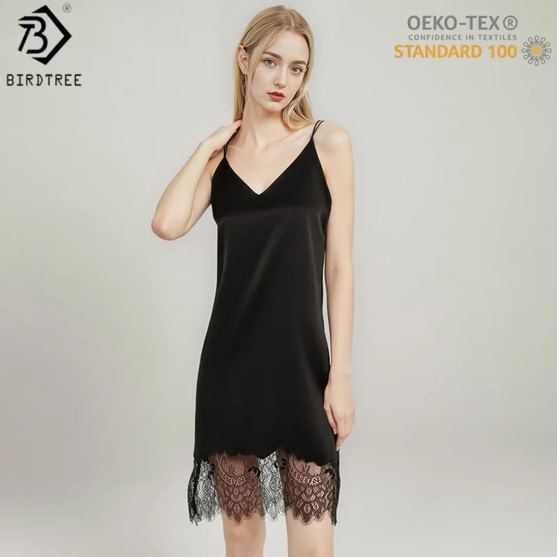 Birdtree,OEKO-TEX,19MM 100%  Silk Nightgown,Women Backless Spaghetti Strap,Lace Hem Pajama Sling Dress,2025 New D5D005JF