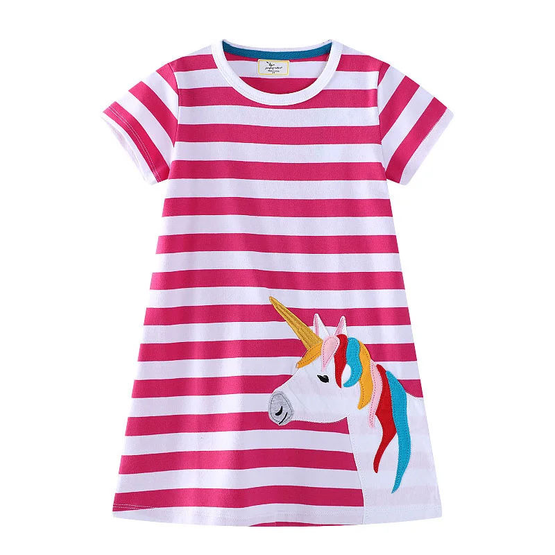 

Jumping Meters Unicorn Applique Striped Baby Girls Clothing Summer Girls Dresses Kids Cotton Clothing Princess Party Frocks