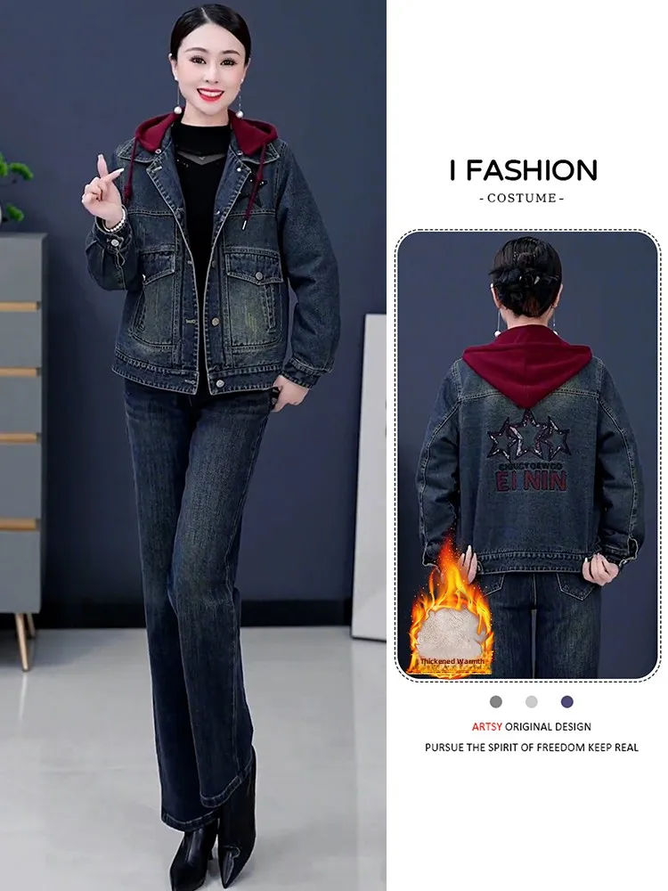 

Женская утепленная джинсовая куртка с капюшоном на флисовой подкладке, повседневная, приталенная, модная, новинка зимы от Ni Yali