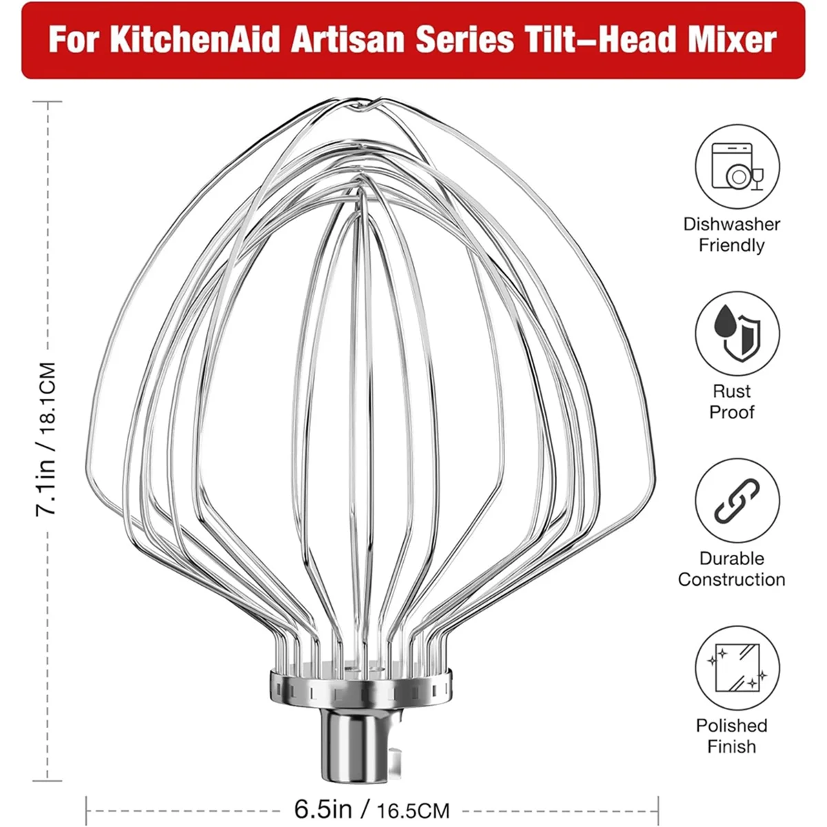 KN211WW Stainless Steel 11-Wire Whip Attachment for KitchenAid Bowl Lift Mixer 7QT Bowl Replacement Egg Beater Whisk