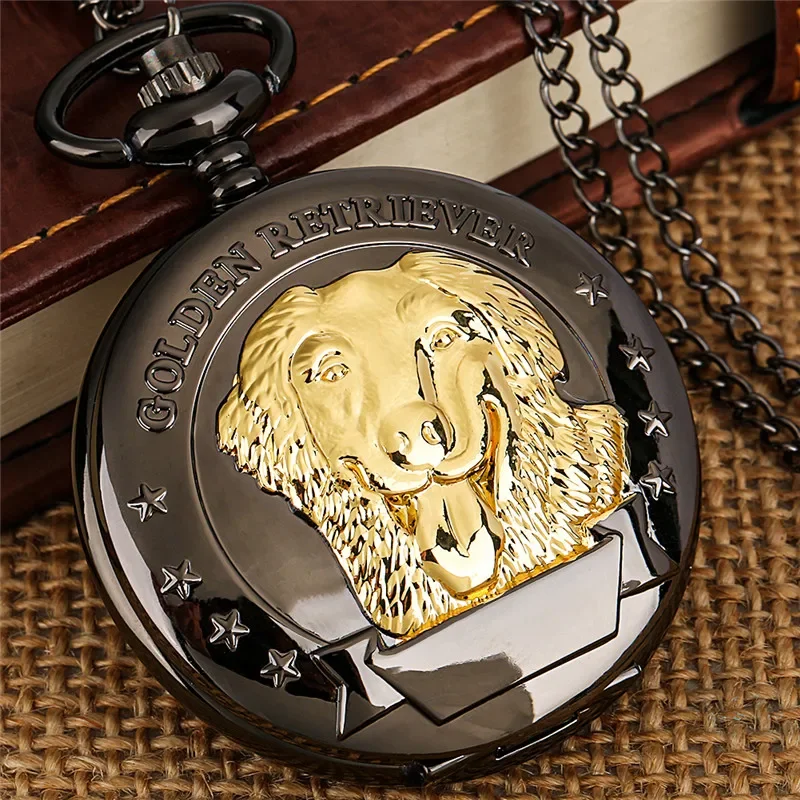 

Retro Golden Retriever Pet Dog Full Hunter Cover Black Quartz Analog Pocket Watch for Men Women with Necklace Pendant Chain Gift