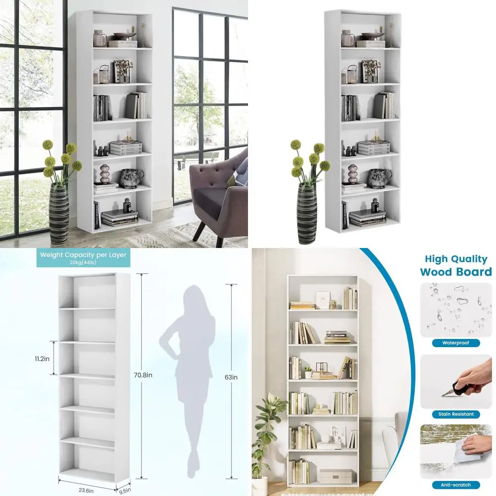 

6-Tier Tall White Bookshelf - 71 Floor Standing Storage Unit for Living Room, Office, Bedroom