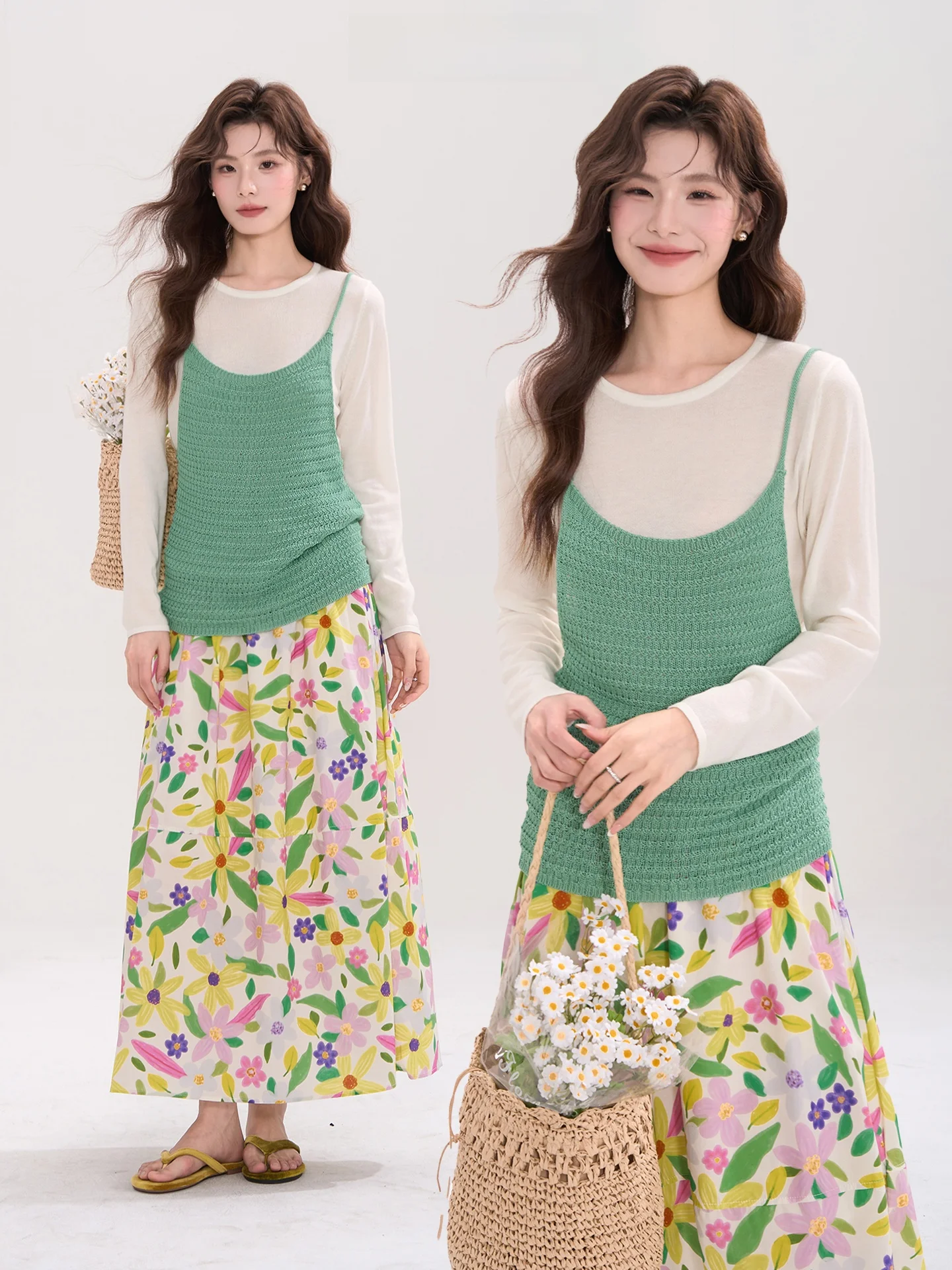 

Heme Matcha Layered Linen Knitted Tube Top Vest Base irt Two-Piece Set Women's Spring Soft Linen Knitwear Slim Fit Sle