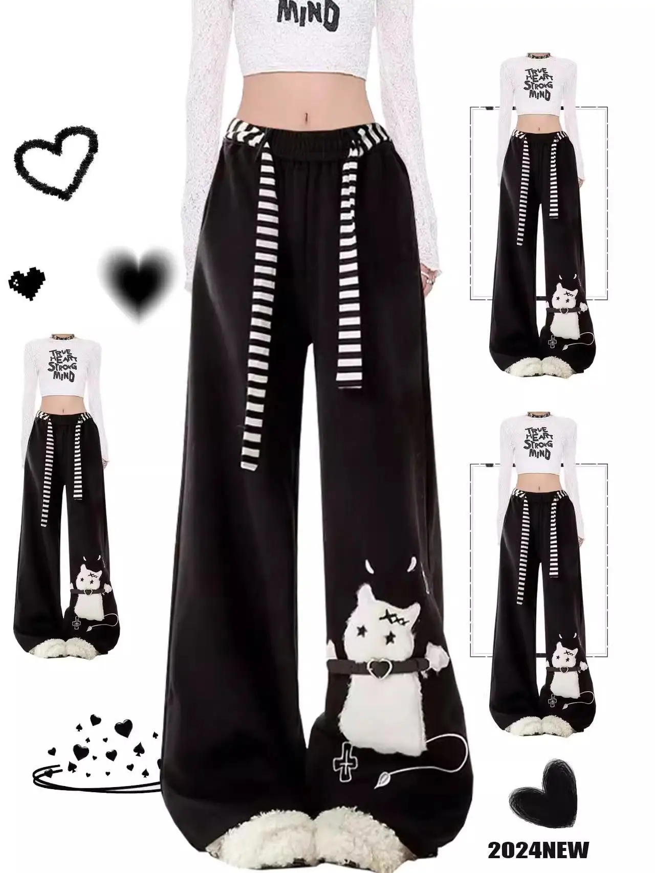 Pantaloni casual ricamati Sweet Cute Bla Pantaloni a gamba larga a gamba dritta a vita alta da donna Autunno Inverno Vestibilità ampia