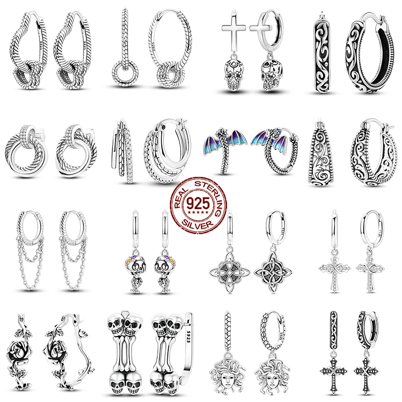 925 Sterling Silver Gothic Earrings Skull Cross Medusa Dragon Snake Scale Bone Rose Hoop Drop Earrings Women Dark Punk Jewelry