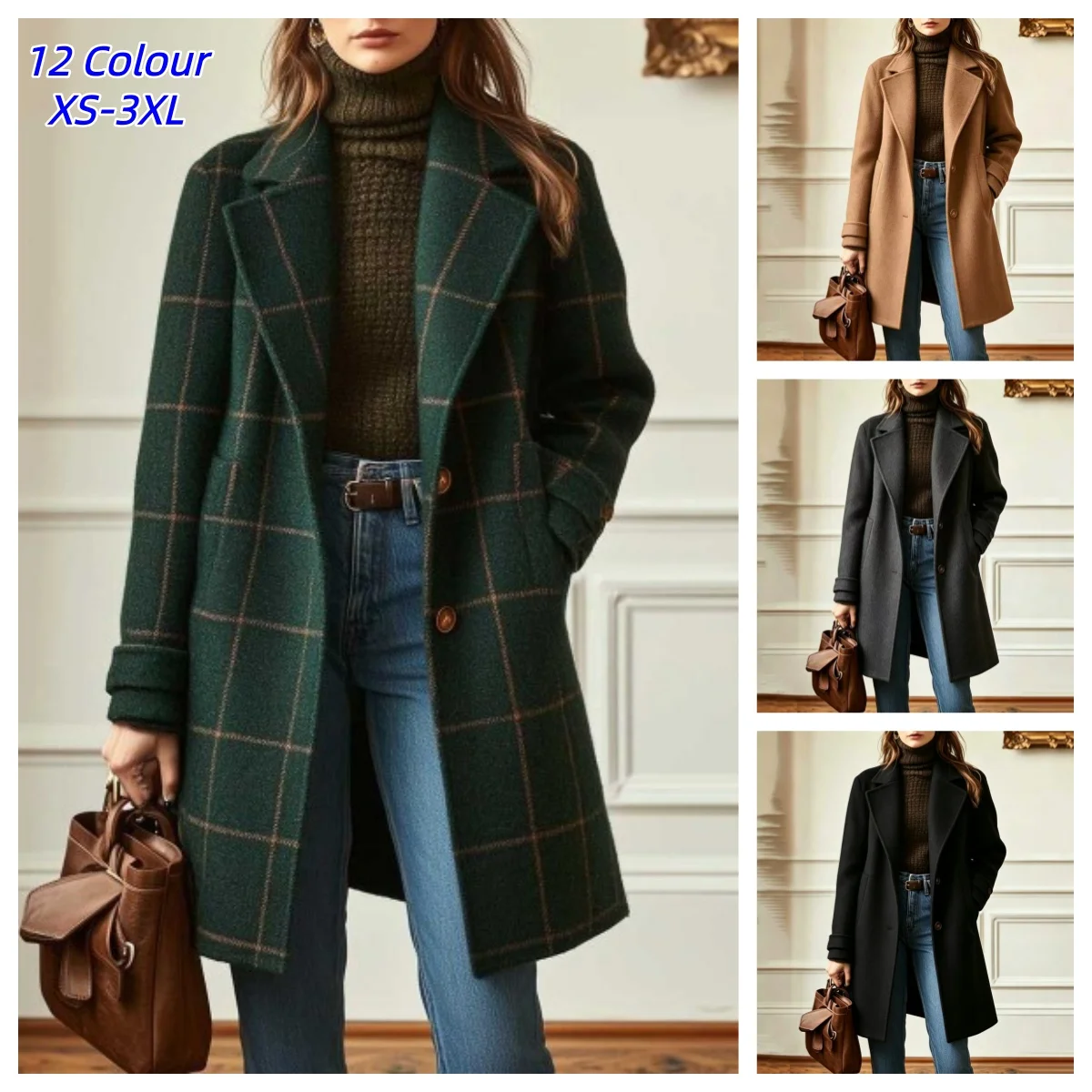 Retro Women's Plaid Coat Long Sleeve Fashion Button Pocket Fashion Simple Lapel Extra Long French Trench for Female Outwear