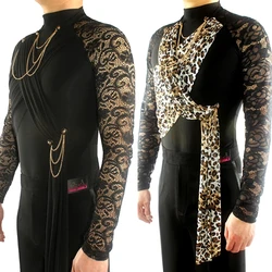 Latin Dance Shirts Men Lace Print Long Sleeve Cha Cha Rumba Samba Dance High Collar Male Competition Performance Dancing Top