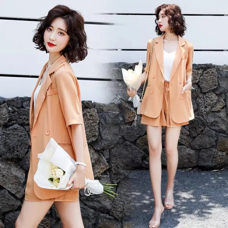 Women\'s Summer New Casual Short Sleeved Blazers Jacket Matching Set Korean Loose Fashion Professional Suit Coat+Shorts Two Piece