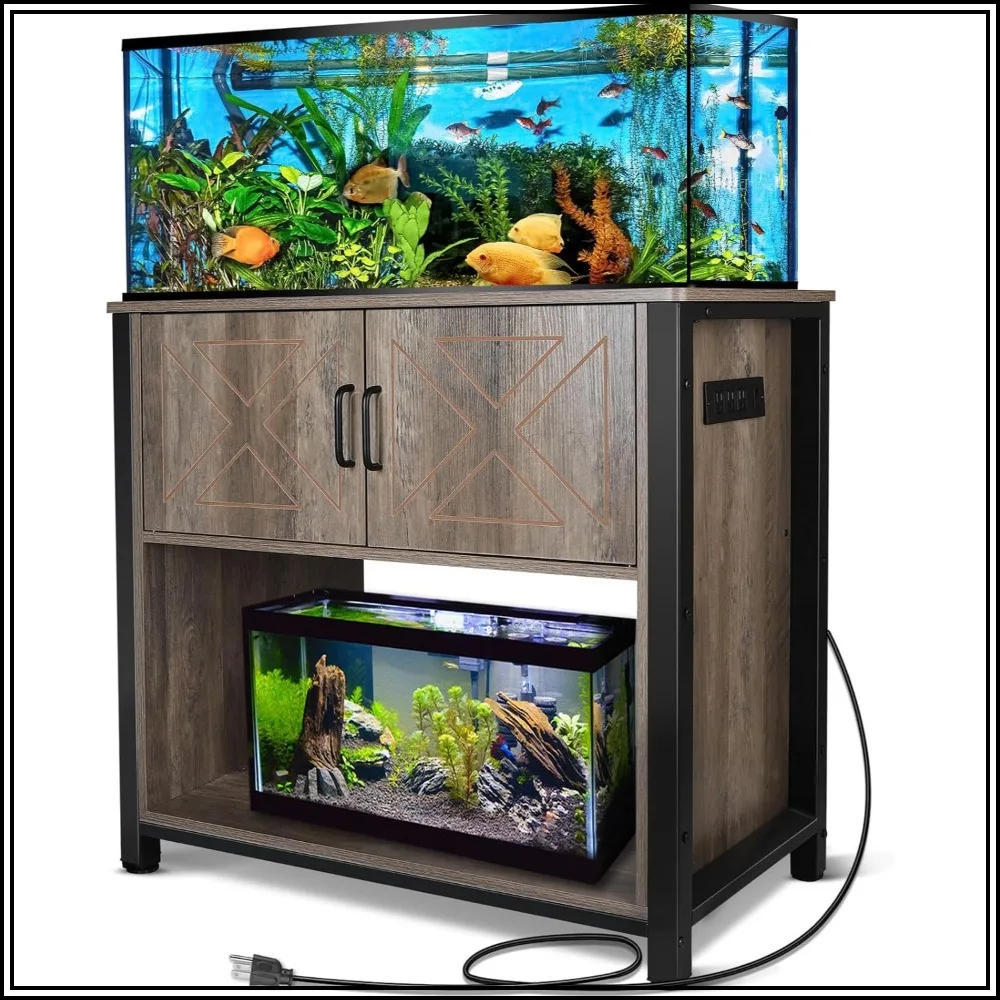 40-50 Gallon Aquarium Stand with Cabinet & Power Outlets, Heavy Duty Metal, 660LBS, Grey