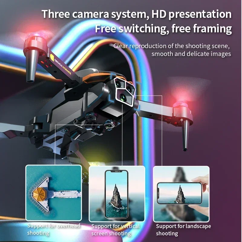 AE4 Pro Drone Foldable 360° Roll Colorful Lights Obstacle Avoidance 8KProfessinal Triple HDCamera Optical Flow Positioning Drone