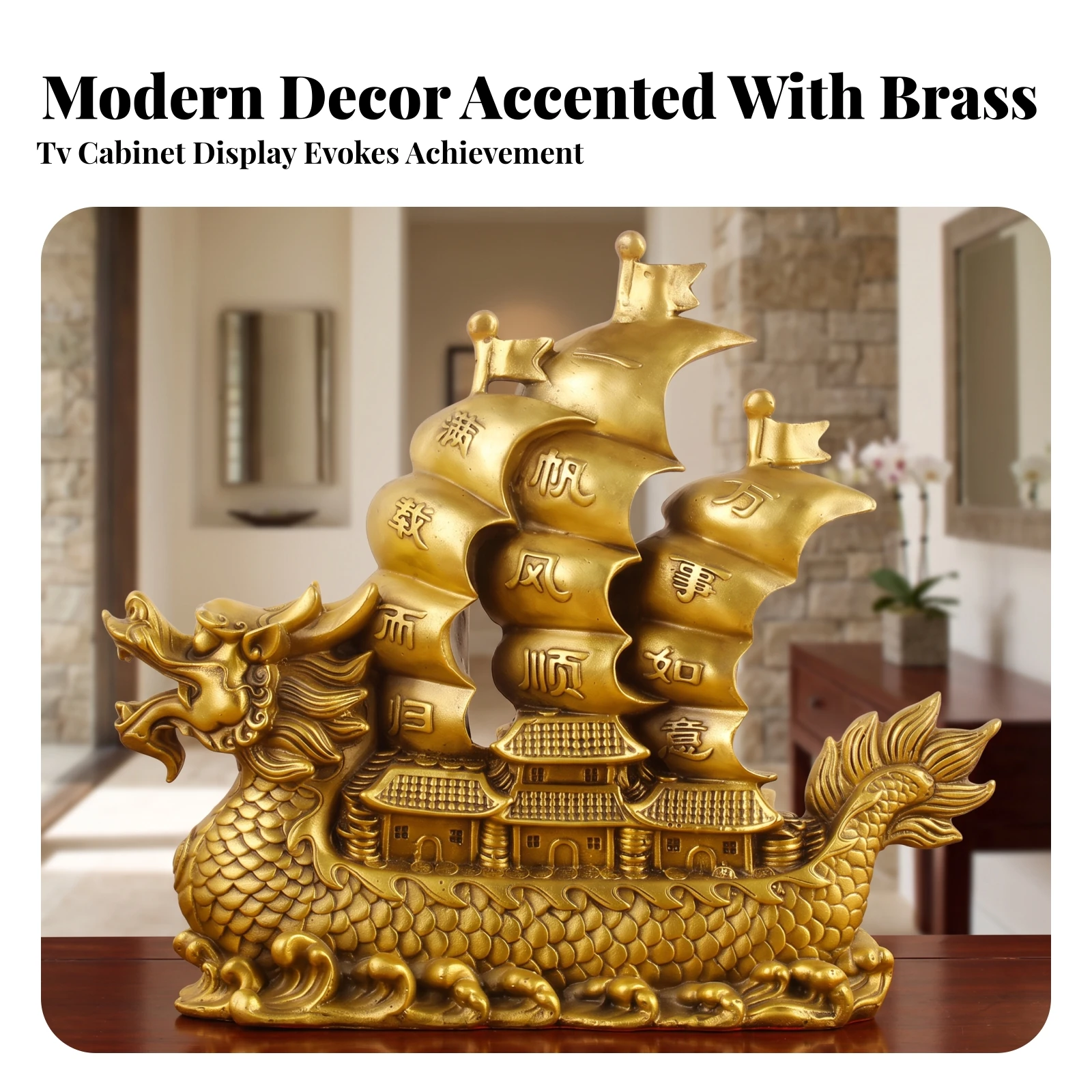 Ship Figurine with Embossed Sails Gold-Toned Ship Figurine Estatua De Velero Tabletop Escultura De Velero Sculpted