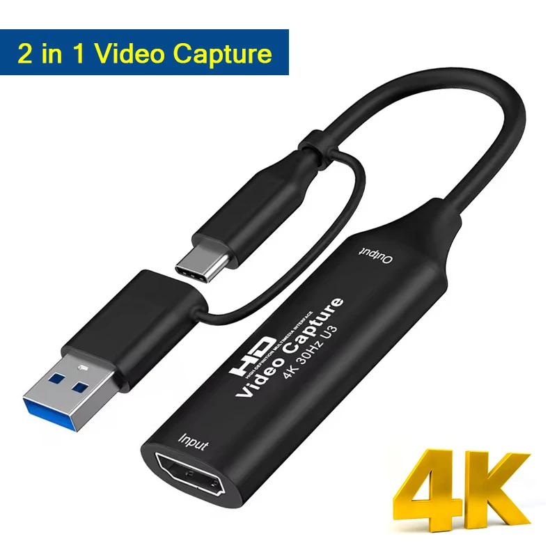 4K HDMI Video Capture Card 1080P HDMI to USB2.0/3.0 Type-C 2 in 1 Game Grabber Record Capture Device for Live Switch Xbox PS4/5
