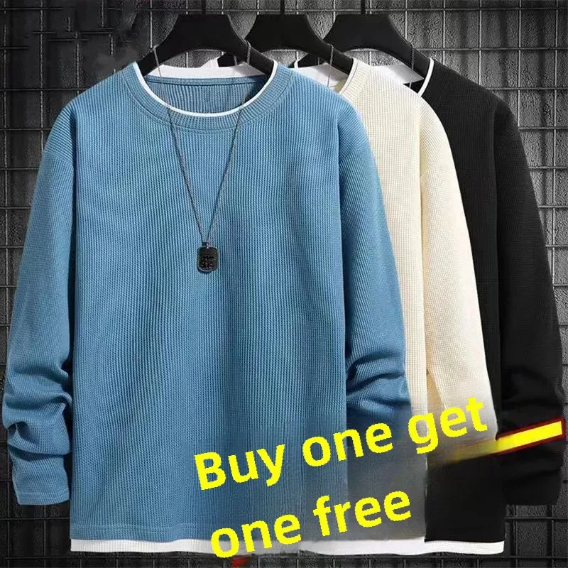 Two-Piece Illusionwalf Checks Long Sleeve Sweatshirt T-Shirt Men Women Spring Autumn Solid Color Plus Size Base Layer Top Loose-