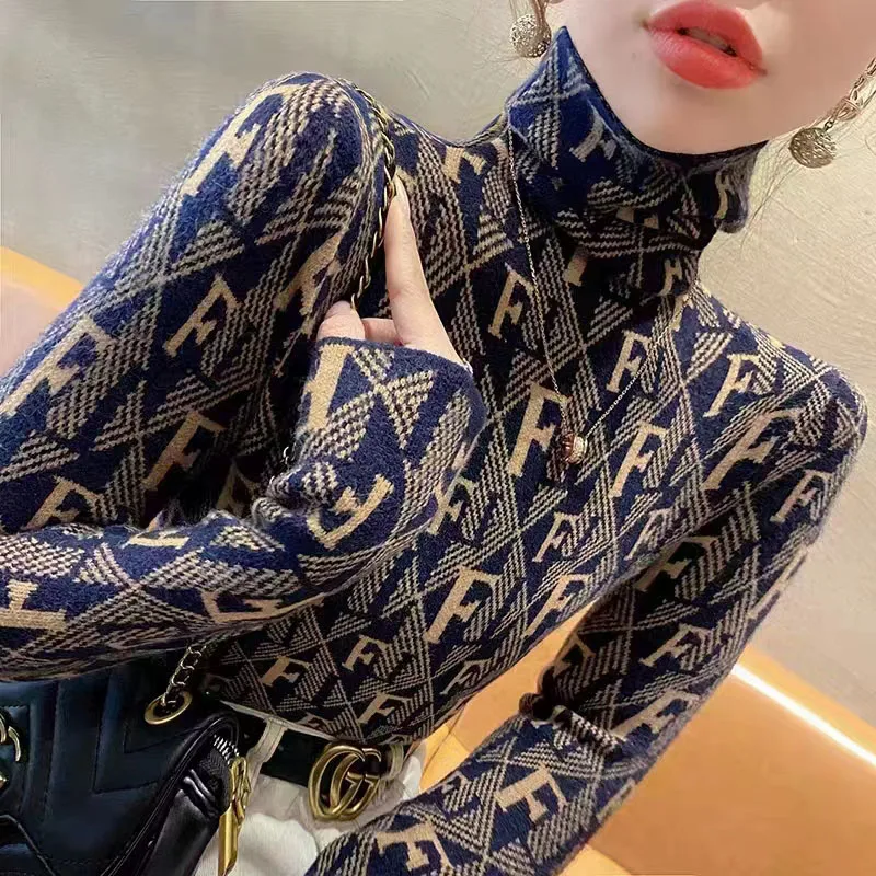 Letter Jacquard Sweaters for Women Vintage Y2K Sexy Skinny Fashion Knitted Jumpers Spring New Elegant Soft Elasticity Tops