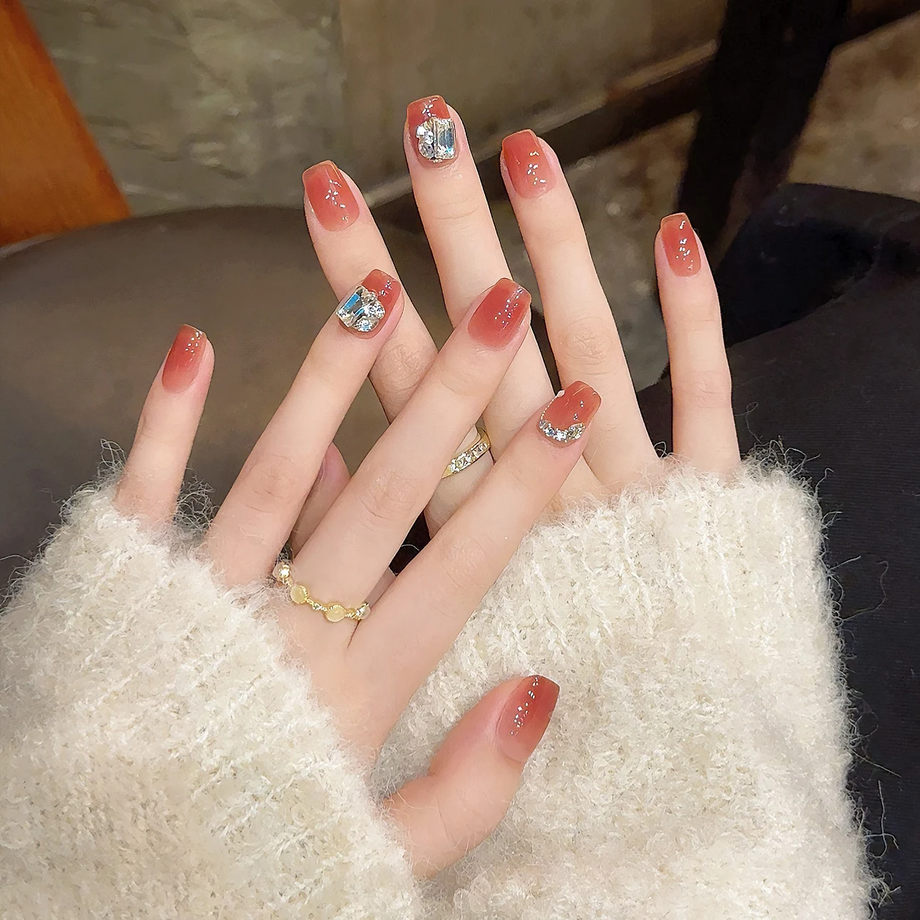 10pcs Autumn Warm Color Medium French Ballet Nails with Rhinestone Vintage Handmade Fake Press on Nails Full Cover Nails Tip