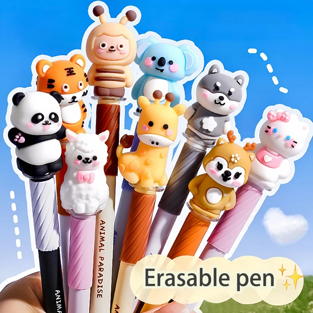 

5 pieces Cartoon-Head Cap-Removable Erasable Ballpoint Pen with Silicone Tip Colored Pens for Student Stationery