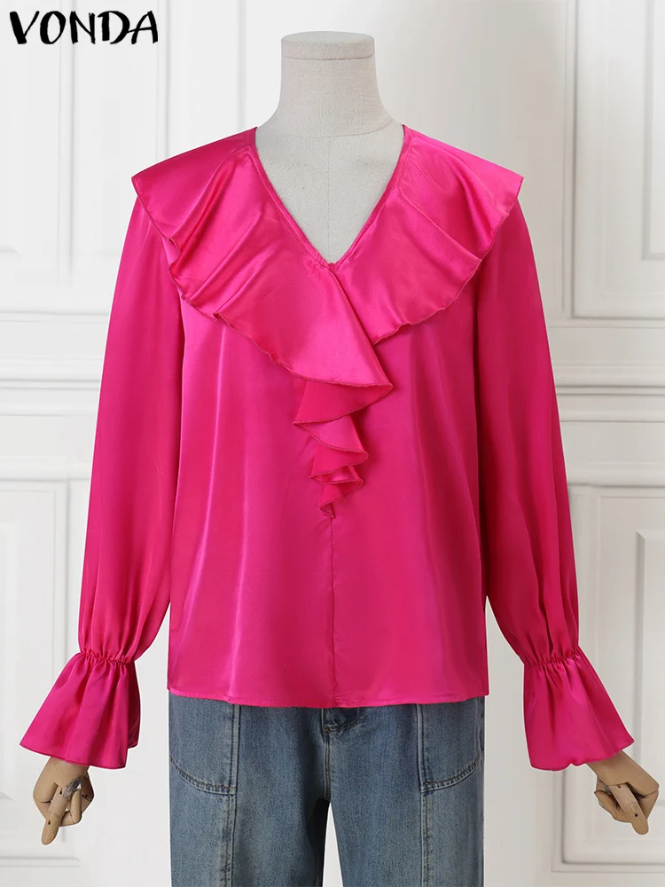 

VONDA Women Ruffled Blouses 2025 Spring Elegant V-Neck Blusas Long Sleeve Korean Style Tunics Casual Solid Blusas Oversized