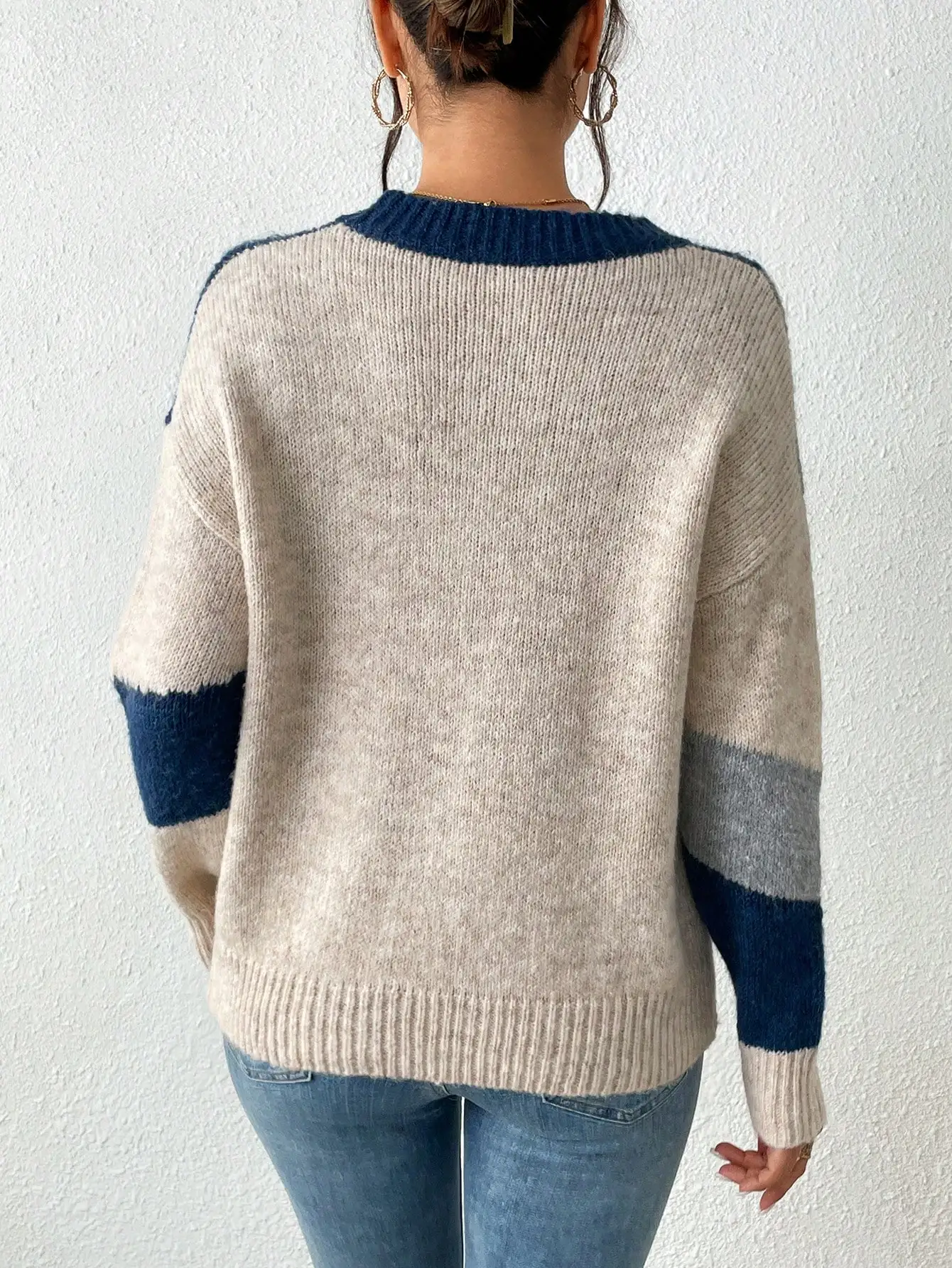 Women's Irregular Color‑Block Knit Sweater, Crew Neck Long Sleeve Pullover, Artistic Casual Streetwear Top For Autumn Winter