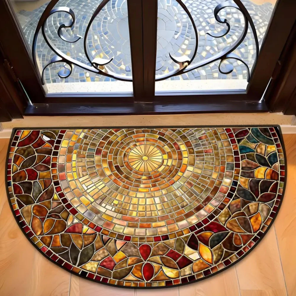 Green Brown Floral Mosaic semicircle doormat for Bedroom Living Room Kitchen home decor Balcony, Sunroom