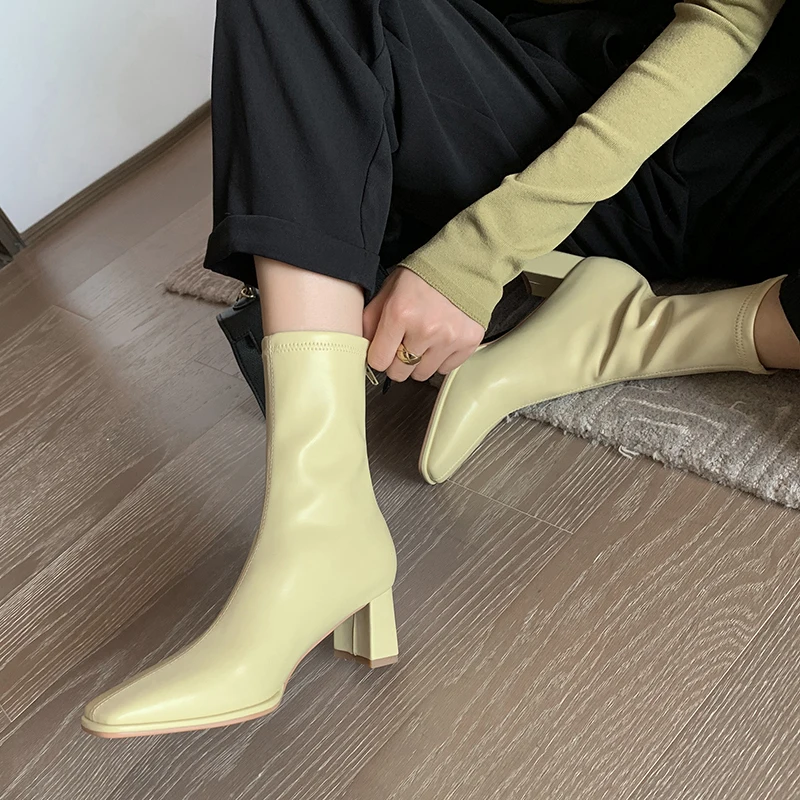 JOZHAMTA Size 33-40 Women Stretch Boots Elastic Leather Block High Heel Shoes Fall Winter 2025 Short Booties Casual Office Dress