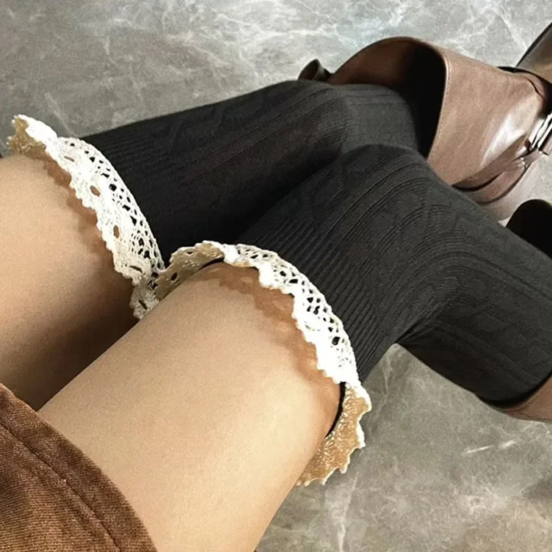 JK kaus kaki renda Lolita renda wanita, kaus kaki motif rajutan warna polos elegan lucu penghangat lantai musim dingin