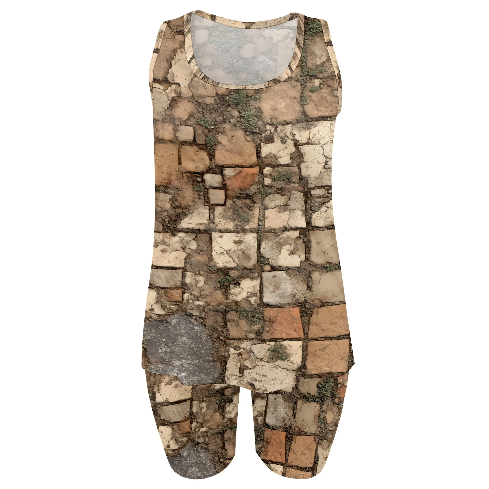 Vintage Stone Print Set, Sleeveless Tank Top and Biker Shorts Outfit, Retro Brick Pattern Athletic Wear for Women, S-2XL