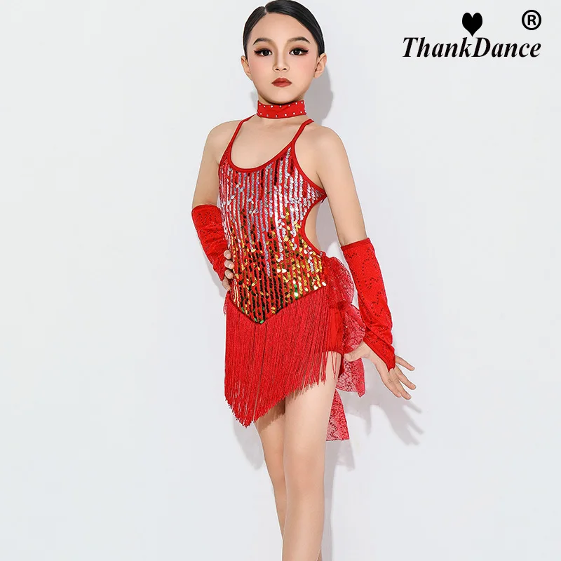Performance Samba Tassel Latin Dancewear Costumes Girls Salsa Ballroom Fringe Sequins Latin Dress For Girls Kid Latin Dance