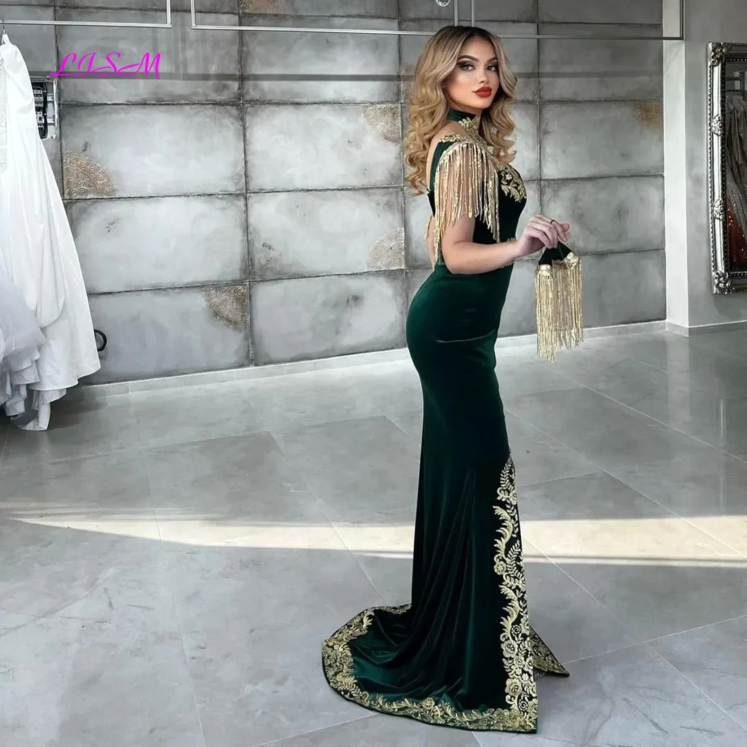 LISM Green Velvet Moroccan Caftan Mermaid Evening Dresses High Neck Gold Embroidery Dubai Saudi Arabic Caftan Prom Gowns 2023