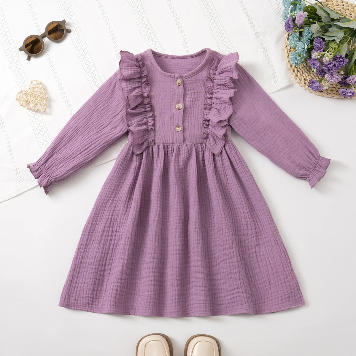 Girls' Long-Sleeve Dress Kids Cotton Skin-Friendly Breathable, Ruffled Shoulder & 3D Button Design, Soft For Party and Gift 3-8Y