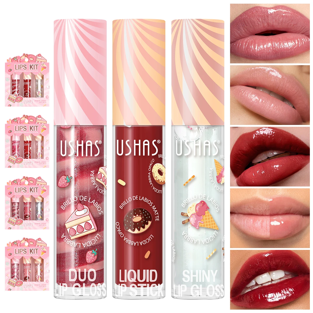 USHAS, conjunto de 3 peças, kit de cor labial - cor labial rotativa + cor labial líquida + cor labial brilhante, protetor labial hidratante anti-rachaduras