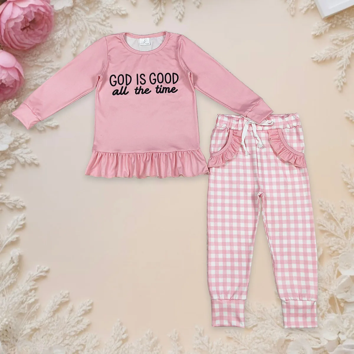

Toddler Baby Girl Long Sleeves God is Good Shirts Kids Set Ruffle Plaid Pocket Pants Clothes Outfit Children Clothing Wholesale