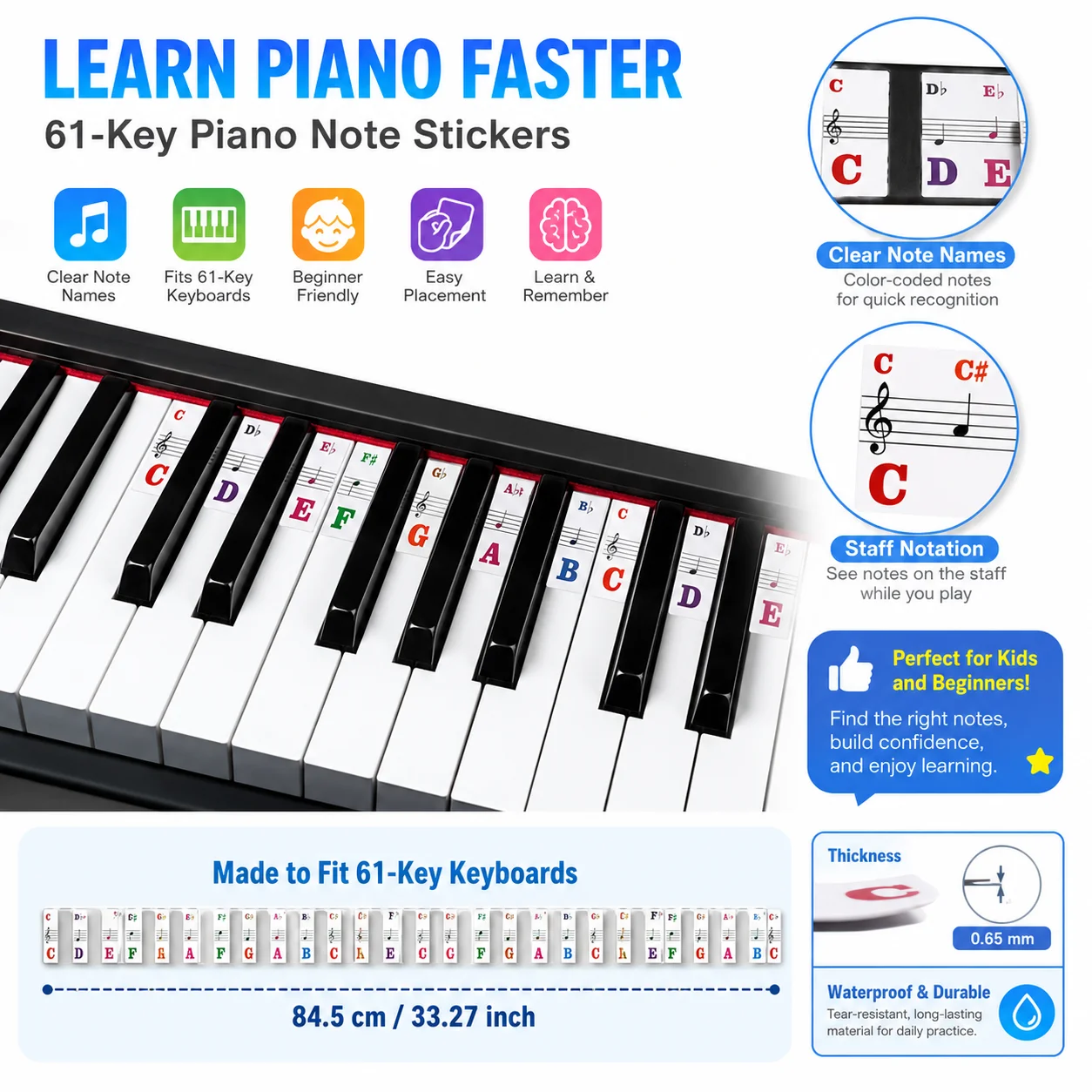 61‑Key Piano Key Note Stickers Removable Colorful Keyboard Note Labels For Kids Beginners Digital Piano Learning Accessories
