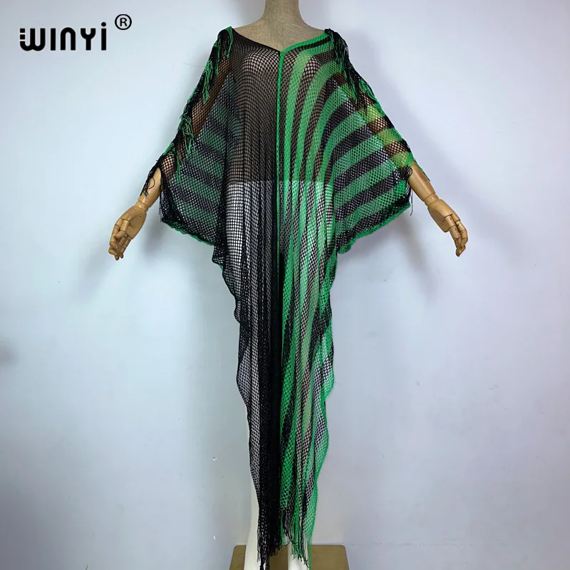 

WINYI Color matching summer Hollow knit sexy tassels long dress Elegant Bikini Cover-ups Women Beachwear V-neck dress