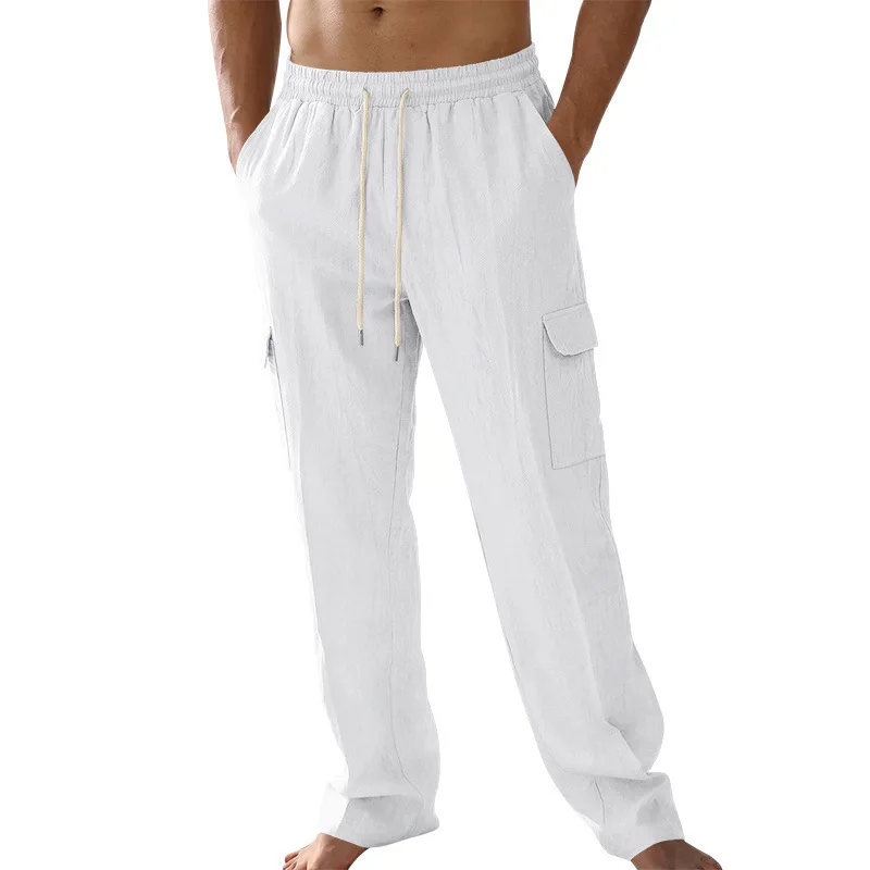 

Мужские льняные брюки-карго свободного кроя с завязками на талии, множеством карманов, повседневные, для активного отдыха, для Amazon