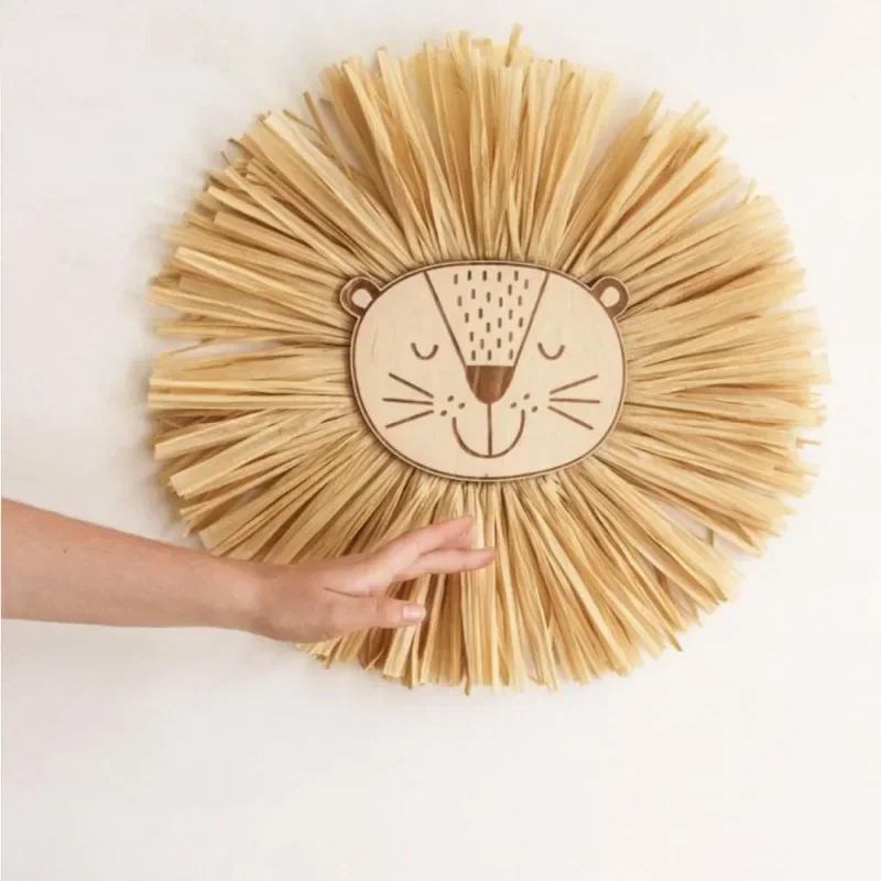 

Nordic Handmade Lion Wall Decor Cotton Thread Straw Woven Animal Head Wall Hanging Ornament for Nursery Baby Room Decoration