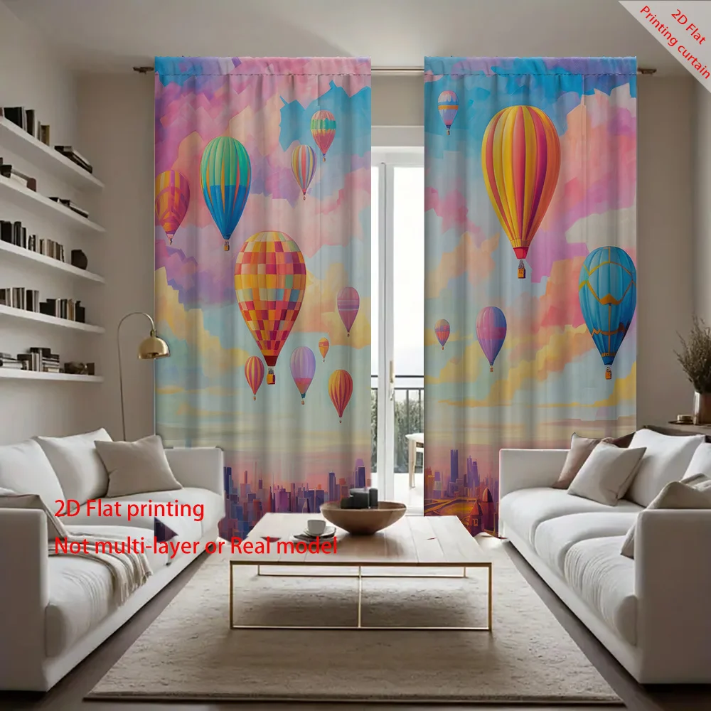 Hot air balloon landscape printed curtains, suitable for living rooms, bedrooms, and offices. Home decoration blackout curtains