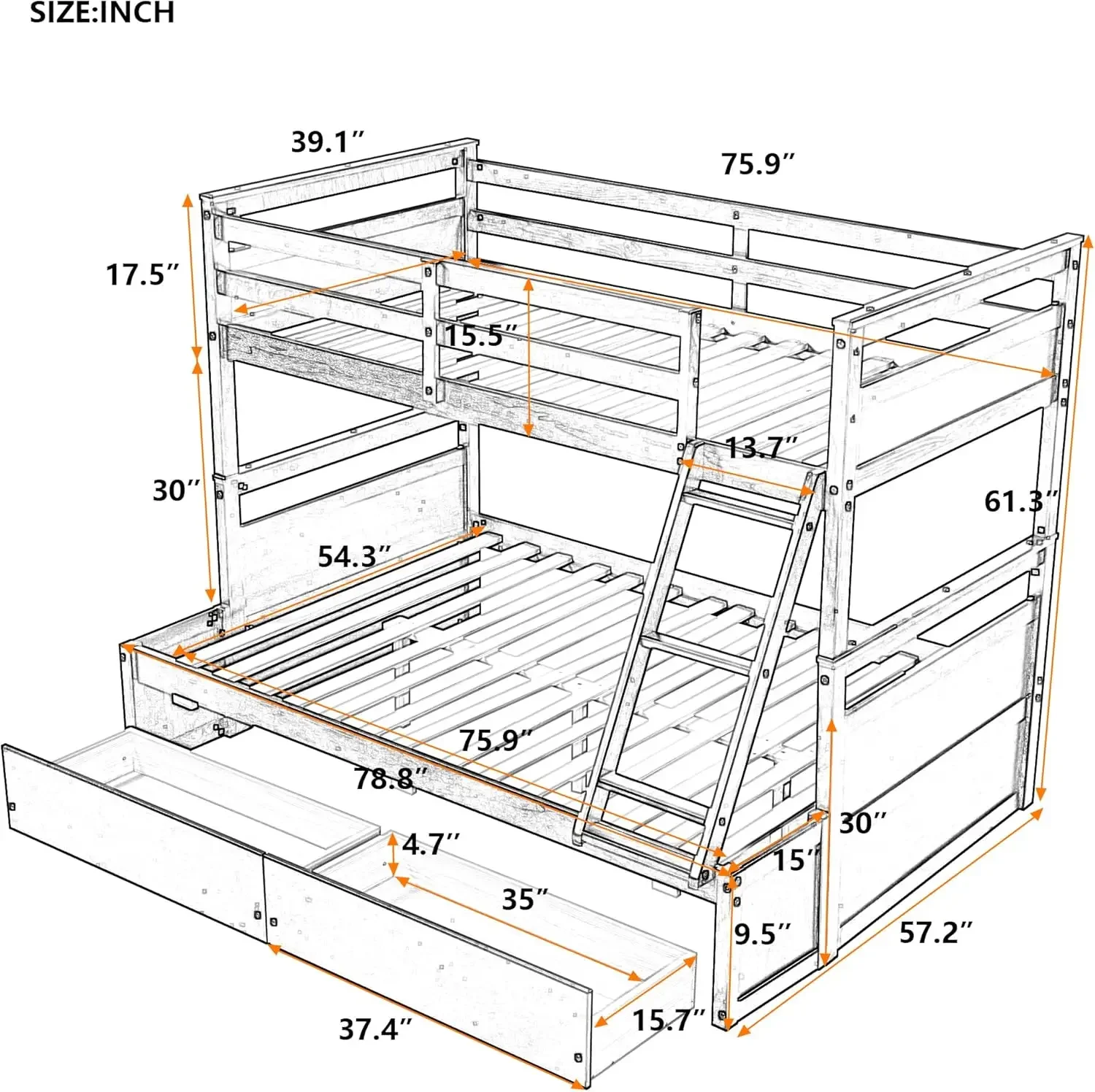 Twin Over Full Bunk Bed, Wood Bunk Bed with Removable Ladders and Two Storage Drawers, Convertible into Two Individual Beds (Esp