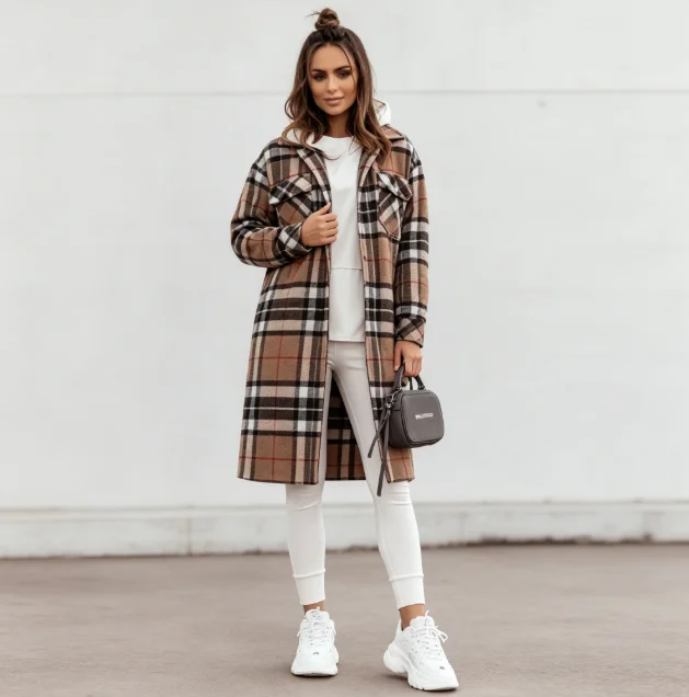 Women Winter Casual Long Shacket Shirt Collar Long Sleeve Loose Straight Button‑Down Flannel Outerwear With Pockets