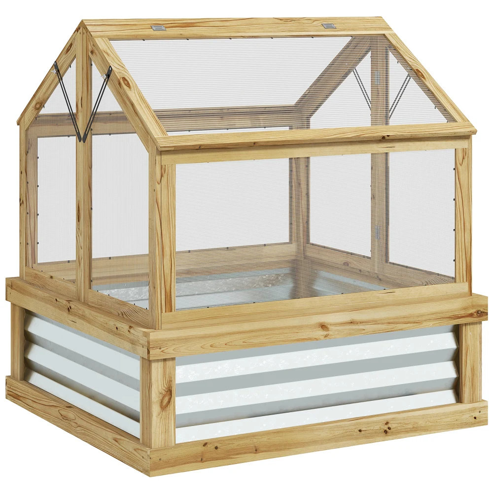 

Outsunny Raised Garden Bed with Polycarbonate Greenhouse, Wooden, Peak Roof, 35.5"x31.5"x36", Natural