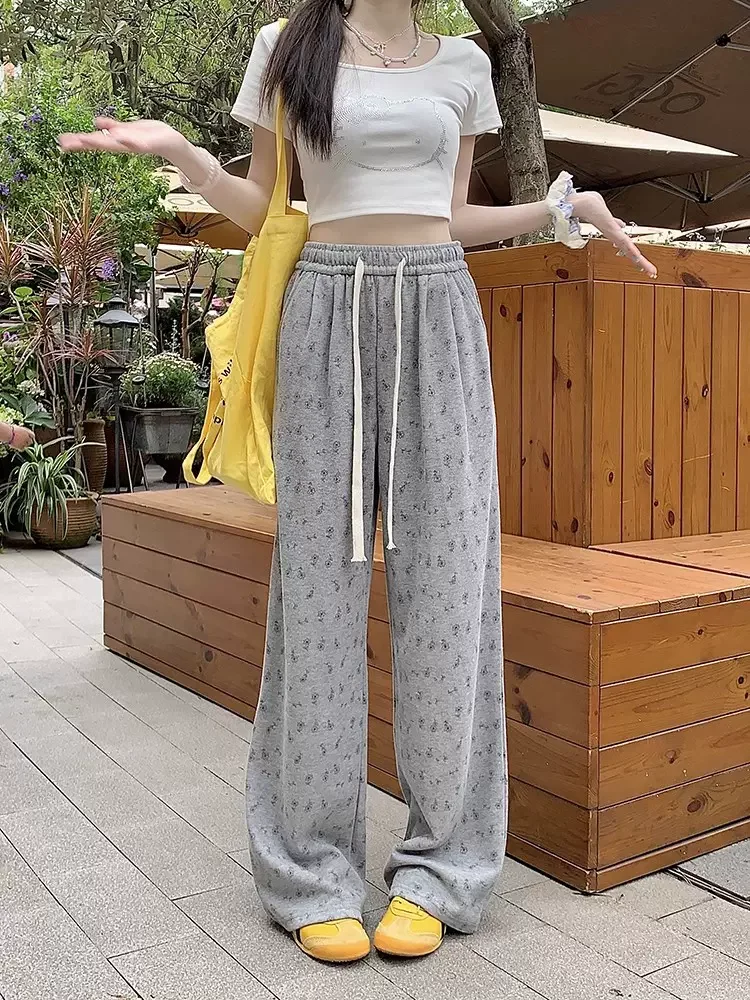 Casual Pants Women Floral Printed Summer Sporty All-match Sweet Baggy Trousers Streetwear High-waist Tender Attractive Temper