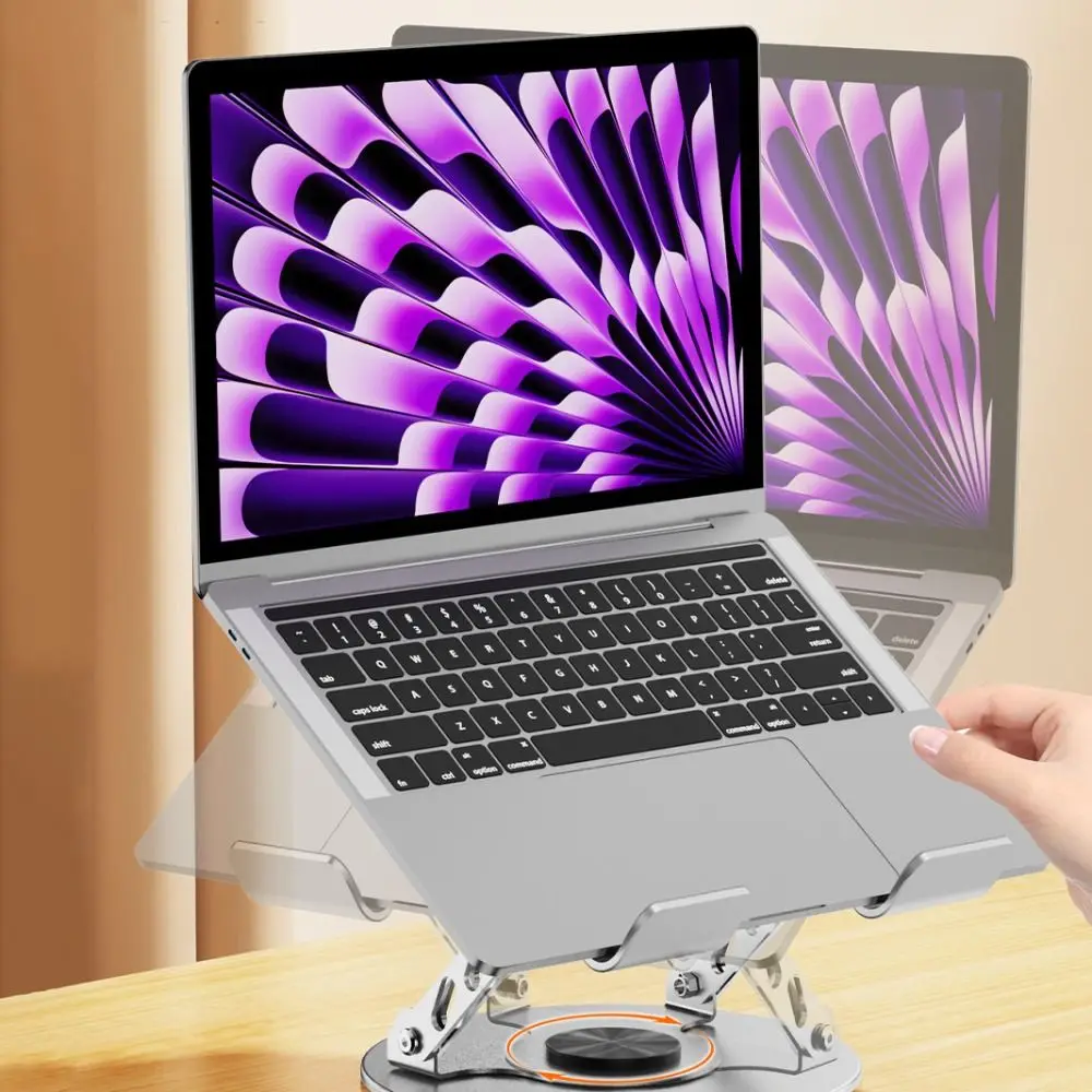 Adjustable Height 360° Rotatable Tablet Stand Carbon Steel Anti-slip Foldable Laptop Holder Silver Ventilated Base