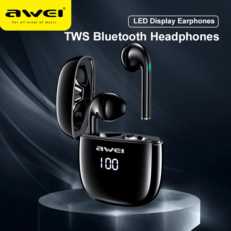 Awei TWS Bluetooth Headphone TWS LED Display Earphones With Mic Earbuds Bass For iPhone & Andriod Low Latency For Gaming