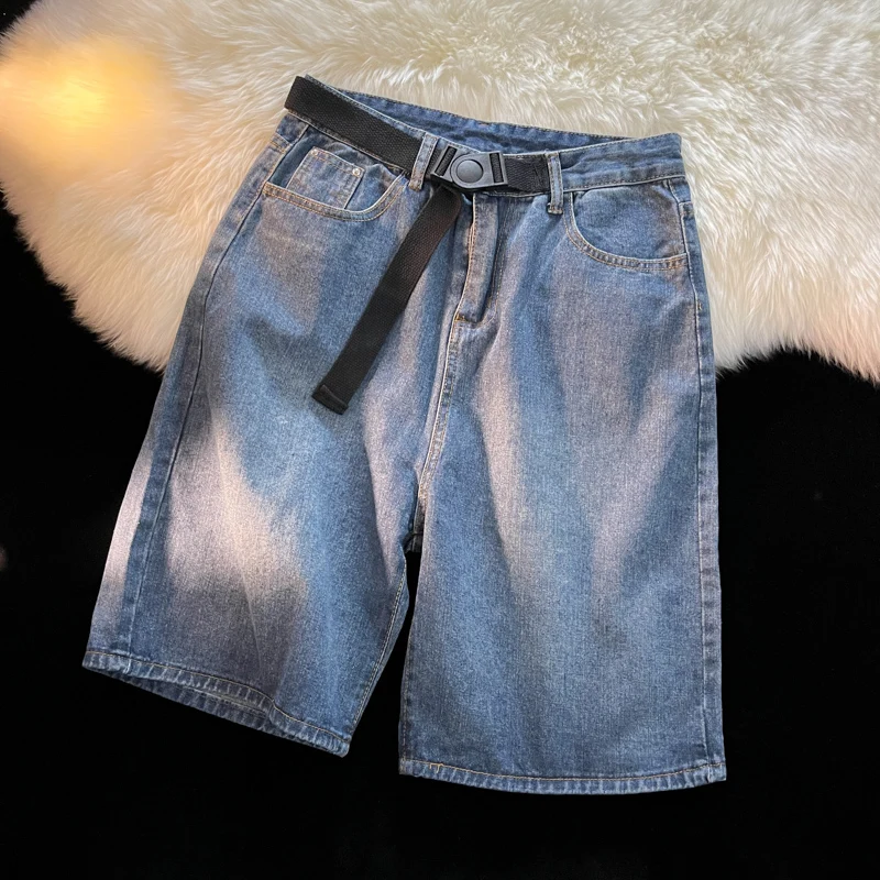 

2024 Summer Men's New Korean Loose Straight Short Jeans Male Fashion Casual Knee Length Pant Men Streetwear Denim Shorts F22