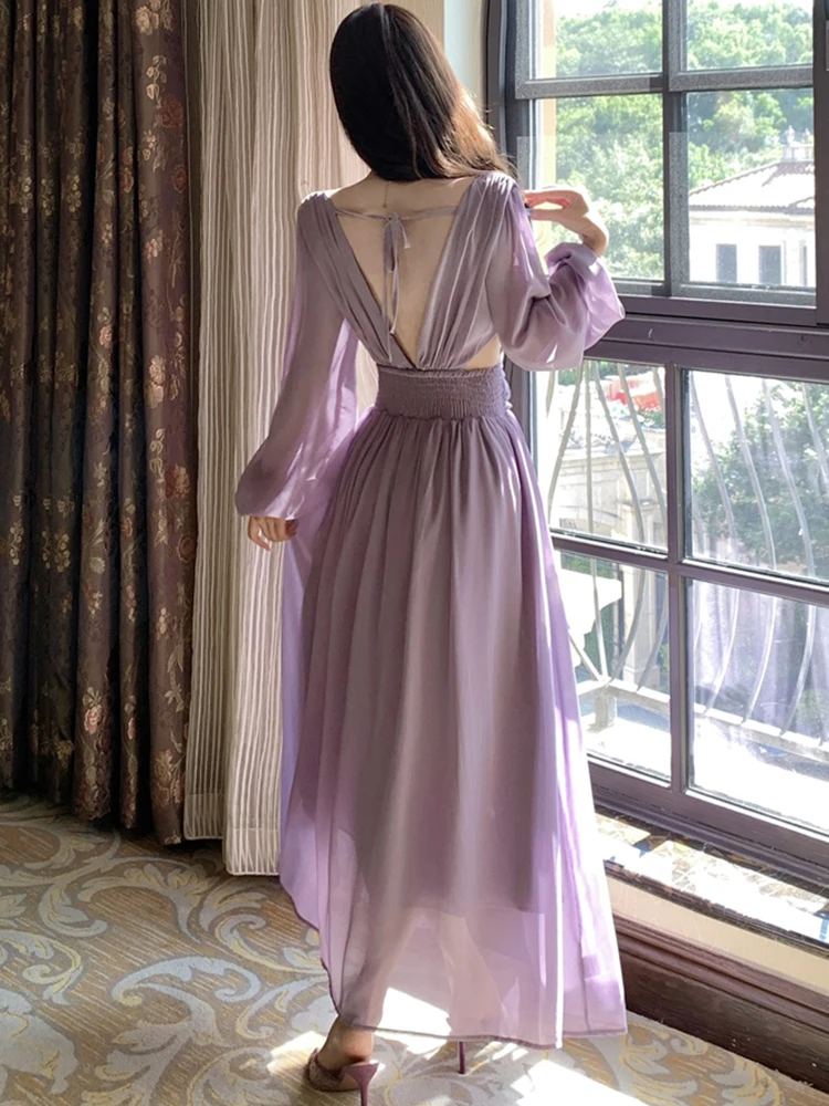 秋の紫シフォンホローアウトVネックセクシーバックレスドレス女性エレガントラグジュアリーダンスパーティードレス2025韓国ボディコンベスティドス