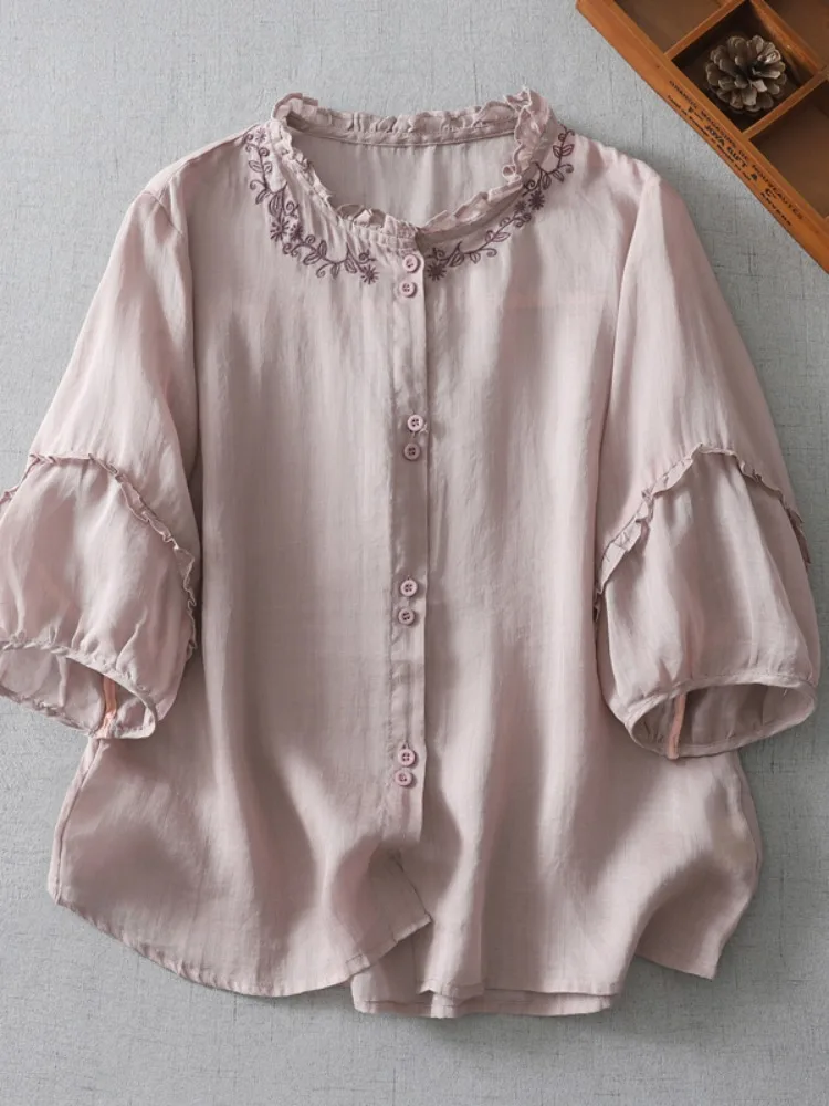 Ele bordado cáñamo irt mujer verano único hermoso f Sve Top Vintage Sle suelta ajuste botón detalle