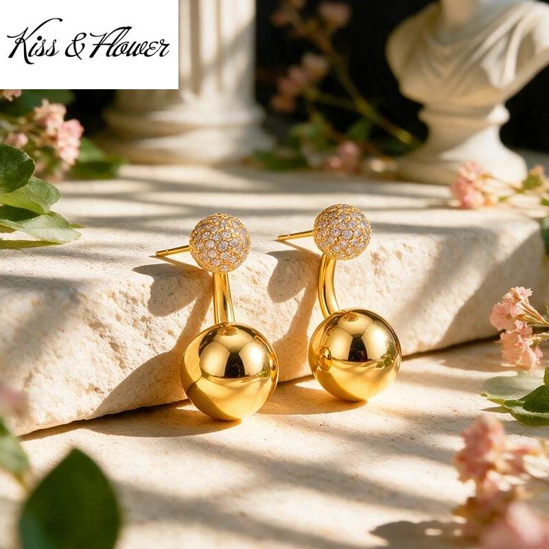 KISS&FLOWER Pendientes de Bola Bidireccionales de Oro de 24K para Mujer, Regalo para Boda, Fiesta, Cumpleaños, Navidad, Novia, Madre, Niña, Damas ER612